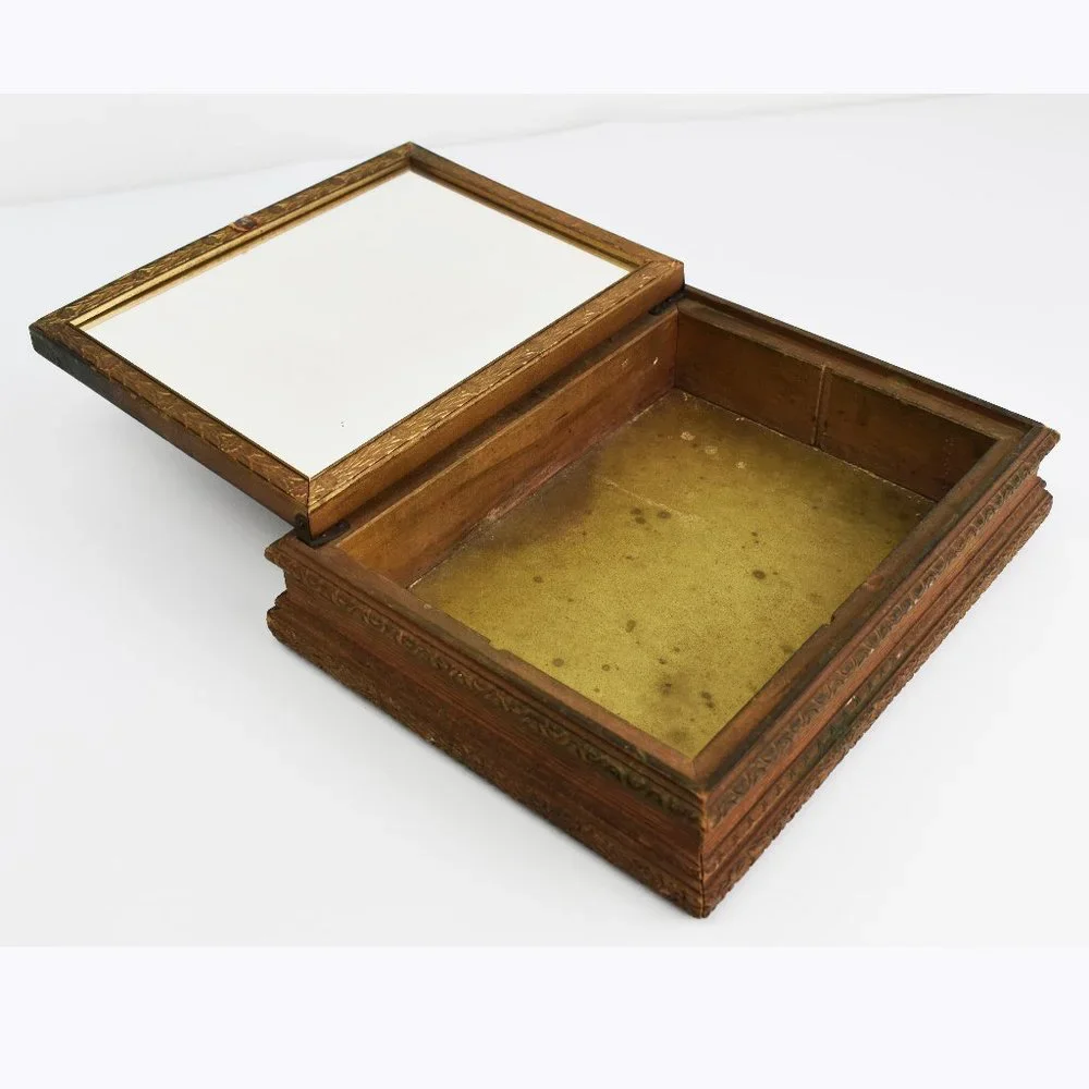 Rare antique wooden box with decorative lid, collectible painting storage box